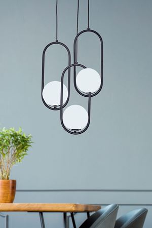 Zenga 3 lü Siyah-Krom Metal Gövde Beyaz Camlı Tasarım Lüx  Avize