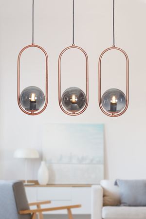 Zenga 3 Lü Bakır Metal Gövde Füme Camlı  Tasarım Lüx Sıralı Avize