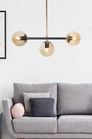 Optik  3 Lü Gold-Siyah Metal Gövde Bal Rengi Camlı  Tasarım Lüx  Sarkıt Avize