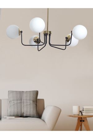 Belize 5 Li Gold-Siyah Metal Gövde Beyaz Rengi Camlı Tasarım Lüx  Avize