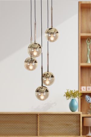 Nova 5 Li Gold-Siyah Metal Gövde Bal Rengi Camlı Tasarım Lüx Sarkıt Avize