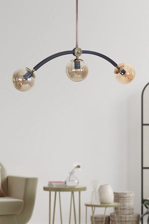 Frenk 3 Lü Gold-Siyah Metal Gövde Bal Rengi Camlı Tasarım Lüx  Avize