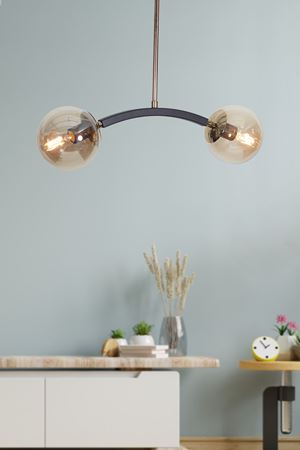 Vilson 2 Li Gold-Siyah Metal Gövde Bal Rengi Camlı Tasarım Lüx  Avize