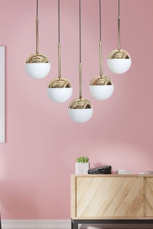 Roza 5 Li Gold-Siyah Metal Gövde Beyaz Rengi Camlı Tasarım Lüx Sarkıt Avize