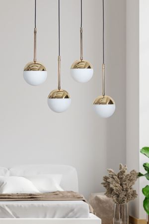 Roza 4 Lü Gold-Siyah Metal Gövde Beyaz Rengi Camlı Tasarım Lüx Sarkıt Avize