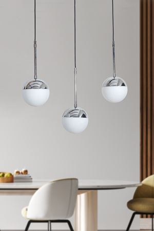 Roza 3 Lü Krom-Siyah Metal Gövde Beyaz Camlı Tasarım Lüx Sarkıt Avize