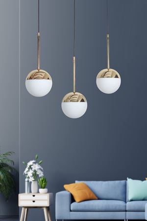 Roza 3 Lü Gold-Siyah Metal Gövde Beyaz Rengi Camlı Tasarım Lüx Sarkıt Avize