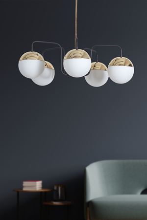 Siesta 5 Li Gold-Siyah Metal Gövde Beyaz Rengi Camlı Tasarım Lüx  Avize