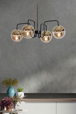 Siesta 4 Lü Gold-Siyah Metal Gövde Bal Rengi Camlı Tasarım Lüx  Avize