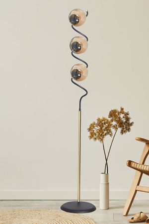 Nora Siyah-Sarı Metal Gövde Bal Camlı Tasarım Lüx Yerden Aydınlatma Lambader 