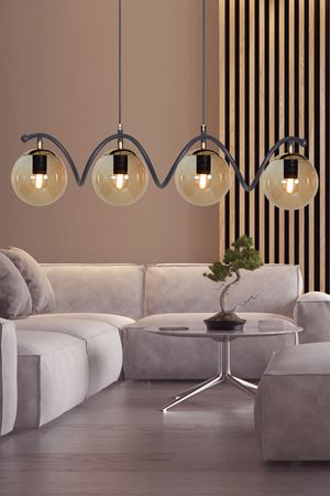 Nora 4 Lü Siyah-Gold Gövde Bal Camlı Tasarım Lüx Avize 