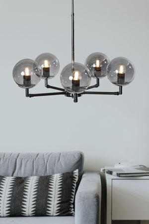 Leo 5 Li Siyah-Krom Metal Gövde Füme  Camlı Mafsallı  Tasarım Lüx Avize