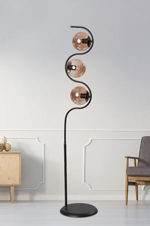 Roxy Siyah-Gold Metal Gövde Bal Camlı Tasarım Lüx Yerden Aydınlatma Lambader