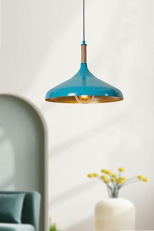 Ufo Tekli  Turkuaz Metal Sarkıt Avize Ahşap Parçalı