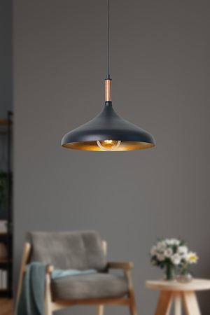 Ufo Tekli  Siyah Metal Sarkıt Avize Ahşap Parçalı