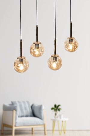 Liza 4 Lü Gold-Siyah Metal Gövde Bal Rengi Camlı Tasarım Lüx Sarkıt Avize