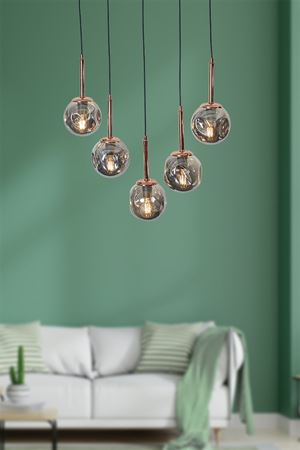 Liza 5 Li Bakır-Siyah Metal Gövde Füme Camlı Tasarım Lüx Sarkıt Avize