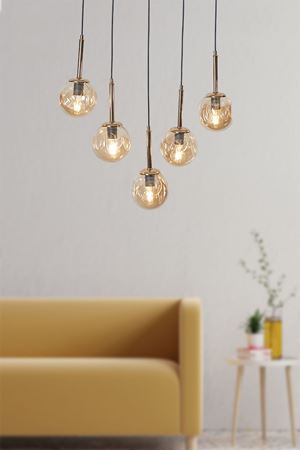 Liza 5 Li Gold-Siyah Metal Gövde Bal Rengi Camlı Tasarım Lüx Sarkıt Avize