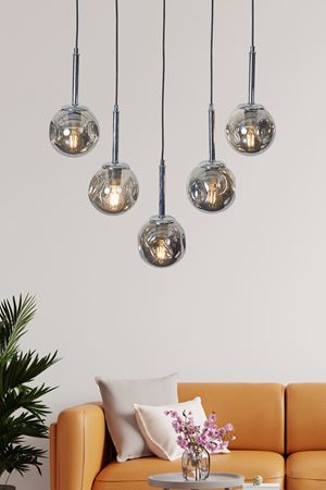 Liza 5 Li Krom-Siyah Metal Gövde Füme Camlı Tasarım Lüx Sarkıt Avize