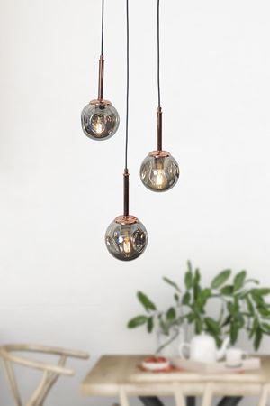 Mona 3 Lü Bakır-Siyah Metal Gövde Füme Camlı Tasarım Lüx Sarkıt Avize