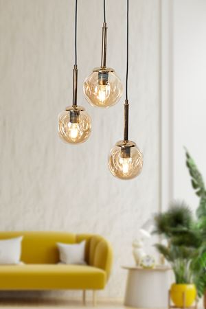 Mona 3 Lü Gold-Siyah Metal Gövde Bal Rengi Camlı Tasarım Lüx Sarkıt Avize