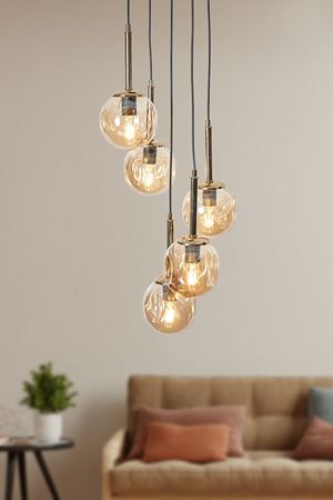 Mona 5 Li Gold-Siyah Metal Gövde Bal Rengi Camlı  Tasarım Lüx Sarkıt Avize