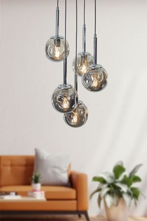 Mona 5 Li Krom-Siyah Metal Gövde Füme Camlı  Tasarım Lüx Sarkıt Avize