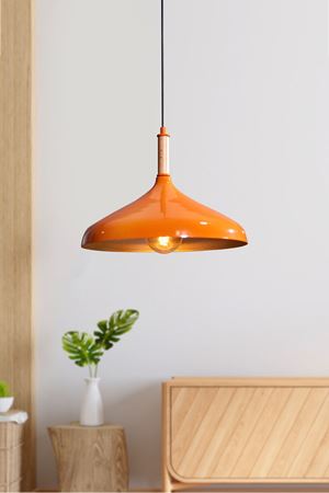 Ufo Tekli  Turuncu Metal Sarkıt Avize Ahşap Parçalı