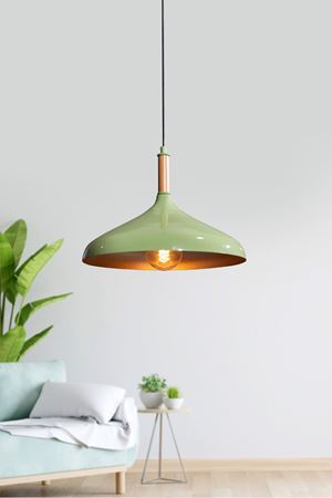 Ufo Tekli  Yeşil Metal Sarkıt Avize Ahşap Parçalı