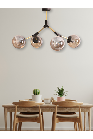 Atom Siyah Modern Tasarım Metal Gövde 4'lü Bal Rengi Camlı Avize | Salon Mutfak Oturma Odası İçin