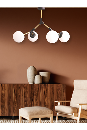 Atom Siyah Modern Tasarım Metal Gövde 4'lü Beyaz Renkli Camlı Avize | Salon Mutfak Oturma Odası İçin