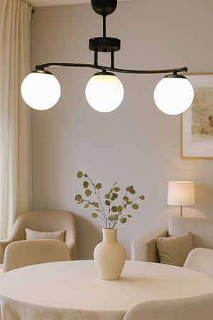 Galaksi Modern Tasarım Siyah 3'li Beyaz Camlı Metal Gövde Avize | Salon, Yatak Odası ve Mutfak İçin