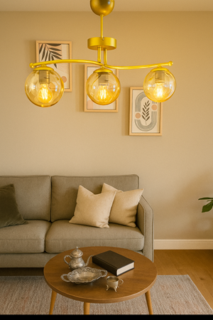 Galaksi Modern Tasarım Sarı 3'li Bal Camlı Metal Gövde Avize | Salon, Yatak Odası ve Mutfak İçin