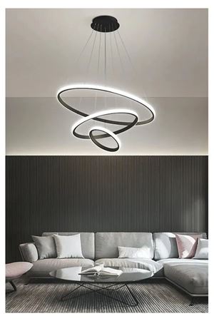 Rings Modern Tasarım Siyah Renk - Yatak Odası - Salon - Çocuk Odası - Mutfak Beyaz Led 3 Lü Avize