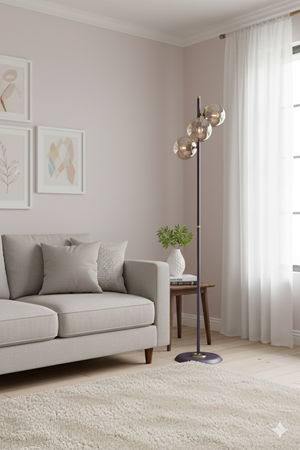 Perla Siyah -Gold Metal Gövde Bal Camlı Tasarım Lüx Yerden Aydınlatma Lambader