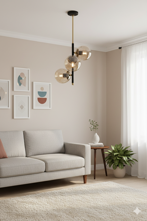 Perla 3 Lü Siyah-Gold Metal Gövde Bal Camlı Tasarım Lüx Avize