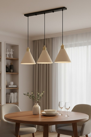 Luzarana Kuki Sıralı 3 Lü Metal Gövde Krem Renkli Avize Sarkıt Salon Mutfak Ofis Cafe Butik Lamba Aydınlatma Avizeler