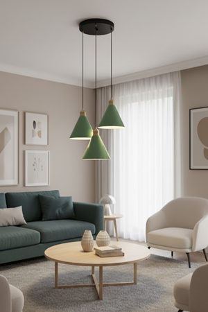 Luzarana Kuki 3 Lü Metal Gövde Yeşil Renkli Avize Sarkıt Salon Mutfak Ofis Cafe Butik Avize